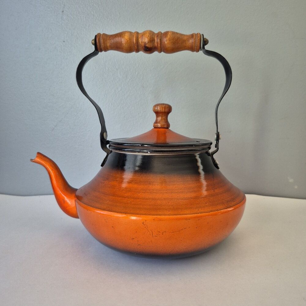 VTG MCM Orange and Brown Ombre Wooden Handle Stovetop Tea Kettle Made in Taiwan